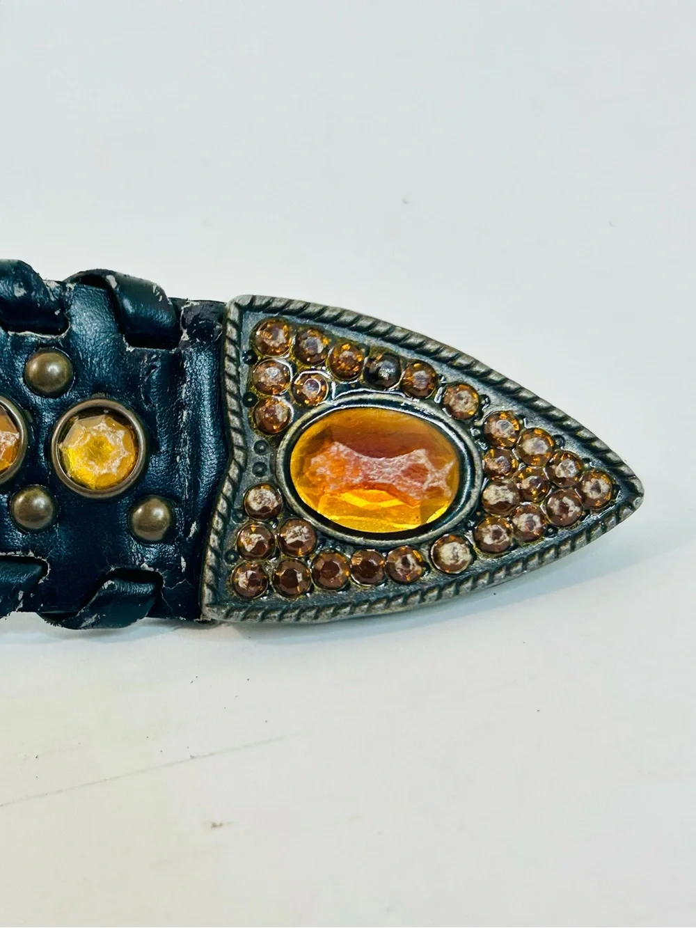 Western Rhinestone Whipstitch Belt with Orange Stones and Black Faux Leather